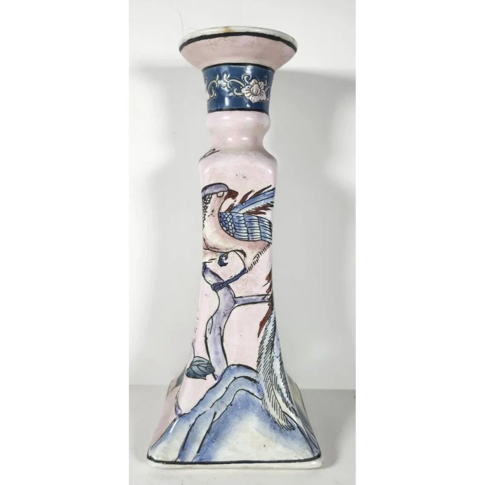 Andrea By Sadek Asian Design Pink Porcelain Bird Candlestick Holder 8 1/2